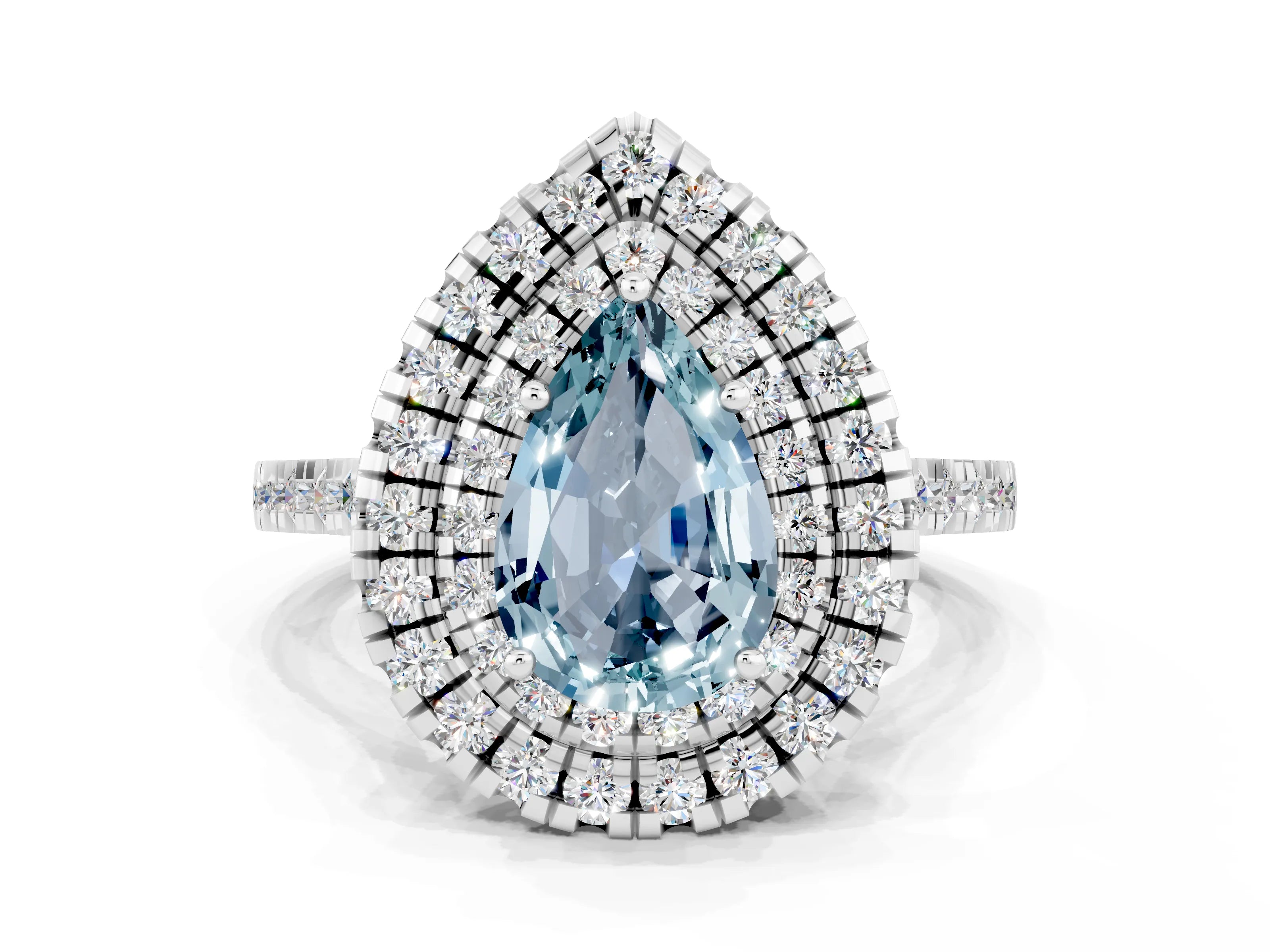 White gold Double Halo Pear Cut Aquamarine Pavé Band with Four-Prong Setting