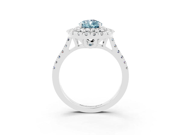 Platinum Double Halo Pear Cut Aquamarine Pavé Band with Four-Prong Setting