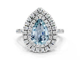 White gold Double Halo Pear Cut Aquamarine Pavé Band with Four-Prong Setting
