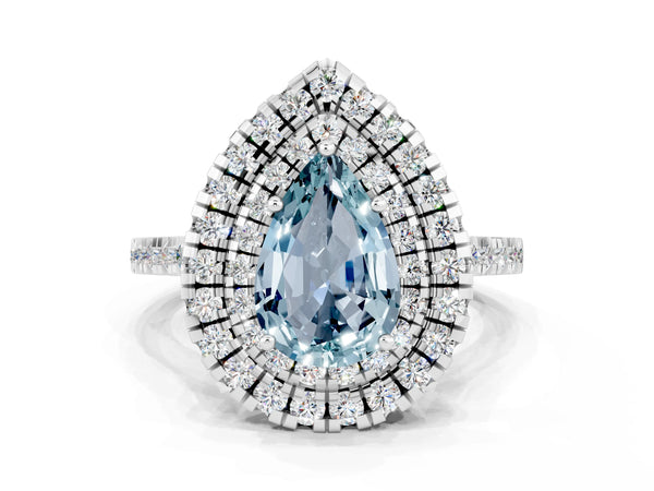 White gold Double Halo Pear Cut Aquamarine Pavé Band with Four-Prong Setting