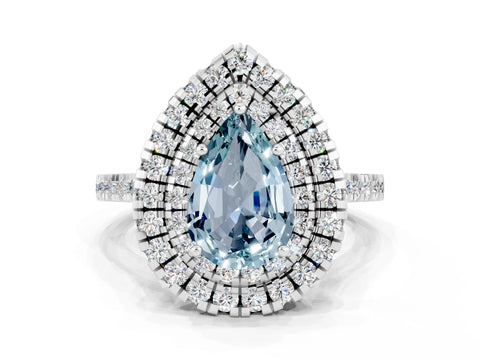 White gold Double Halo Pear Cut Aquamarine Pavé Band with Four-Prong Setting