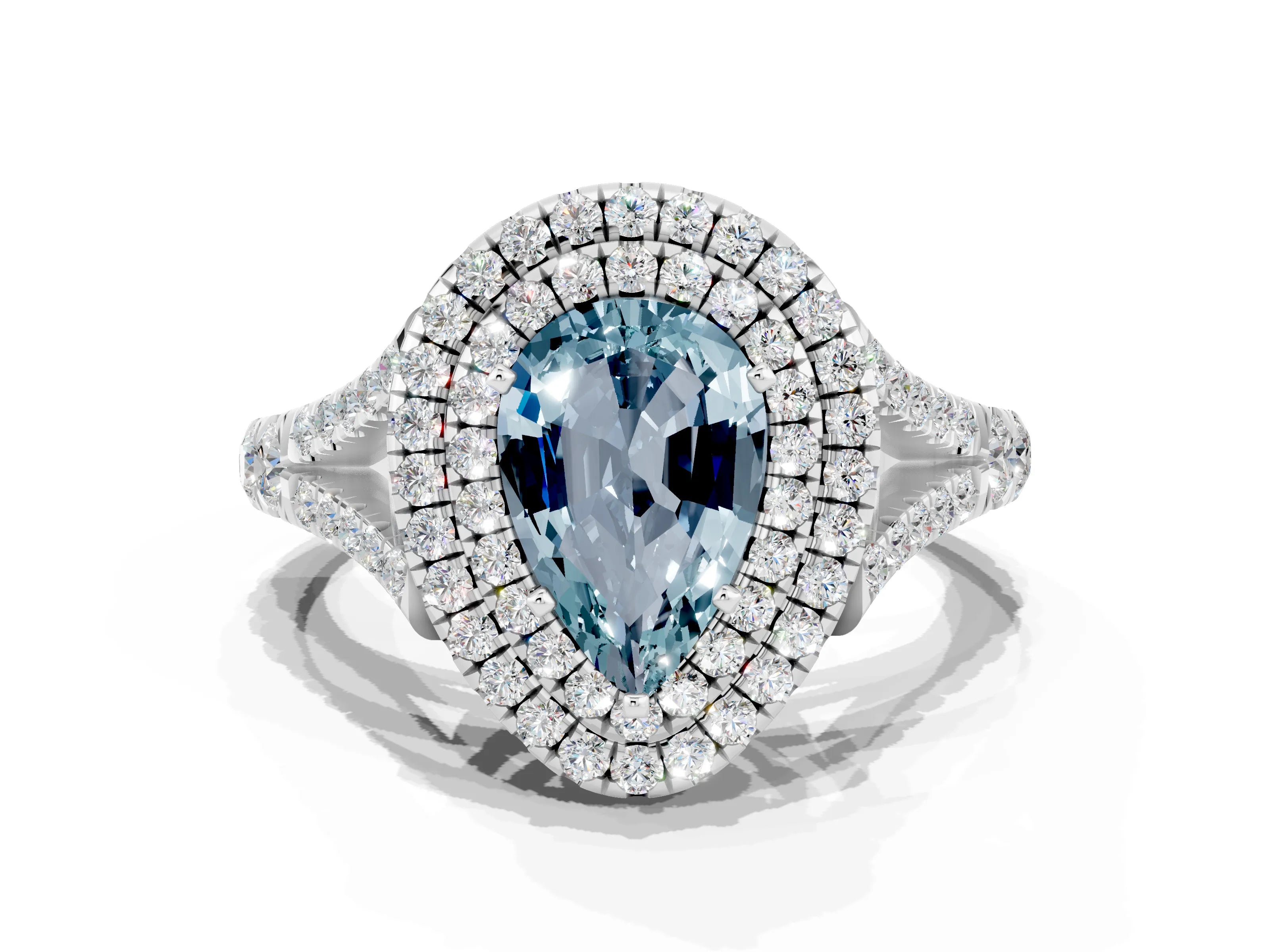 White gold Double Halo Pear Cut Aquamarine Pavé Split Shank Ring with Prong Setting