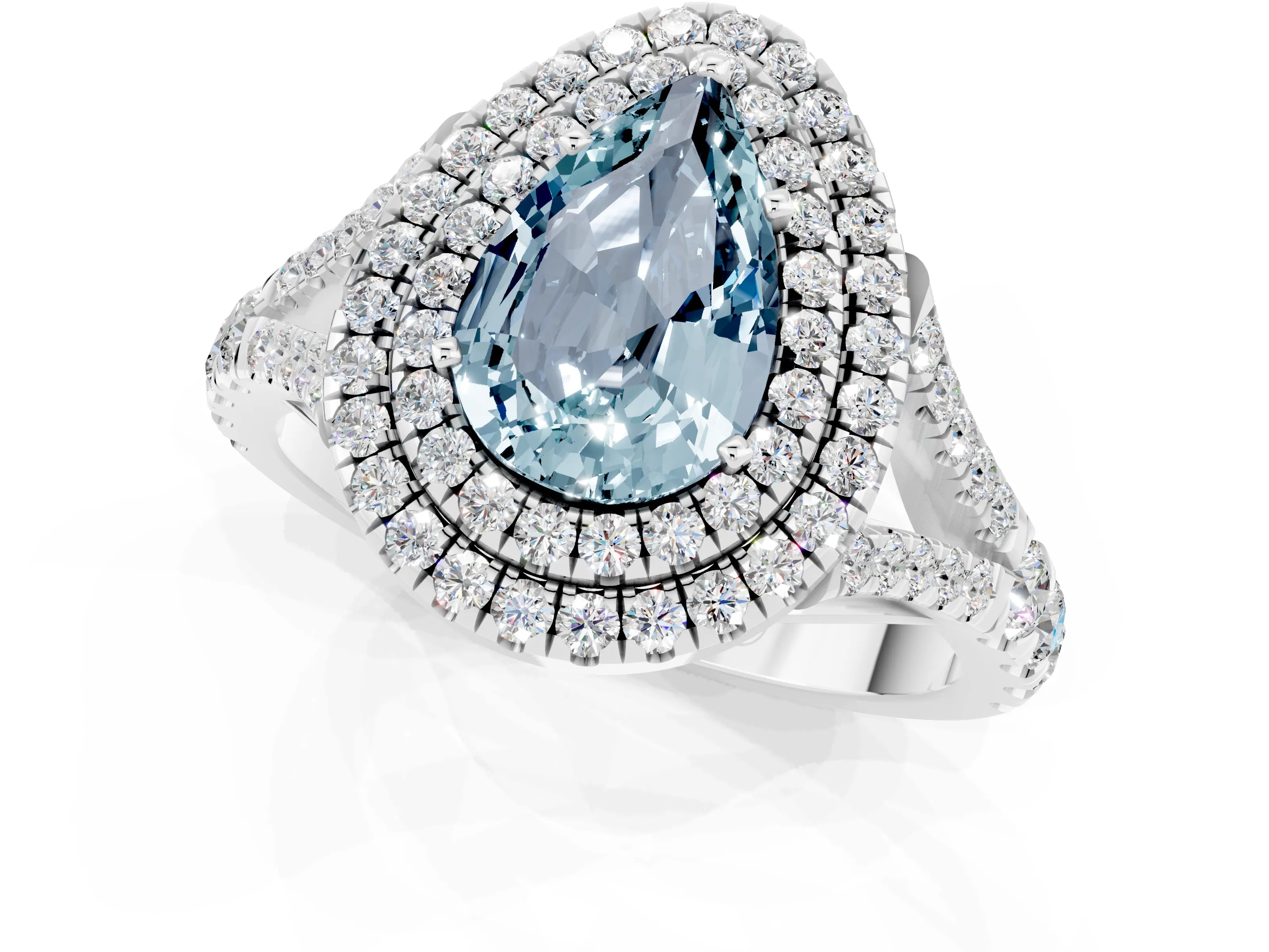 White gold Double Halo Pear Cut Aquamarine Pavé Split Shank Ring with Prong Setting_1