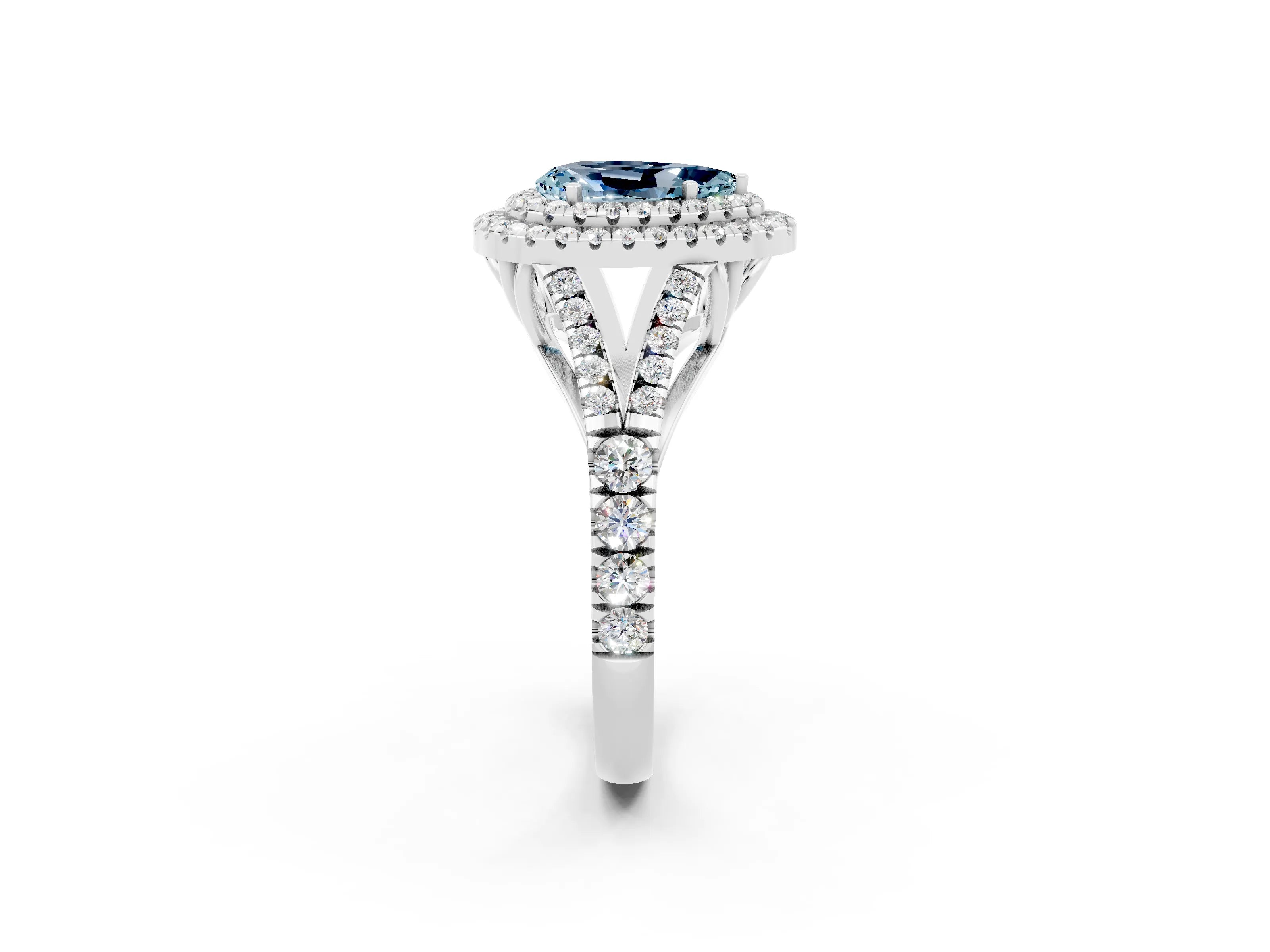 White gold Double Halo Pear Cut Aquamarine Pavé Split Shank Ring with Prong Setting_2