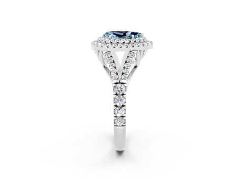 White gold Double Halo Pear Cut Aquamarine Pavé Split Shank Ring with Prong Setting_2