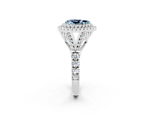 White gold Double Halo Pear Cut Aquamarine Pavé Split Shank Ring with Prong Setting
