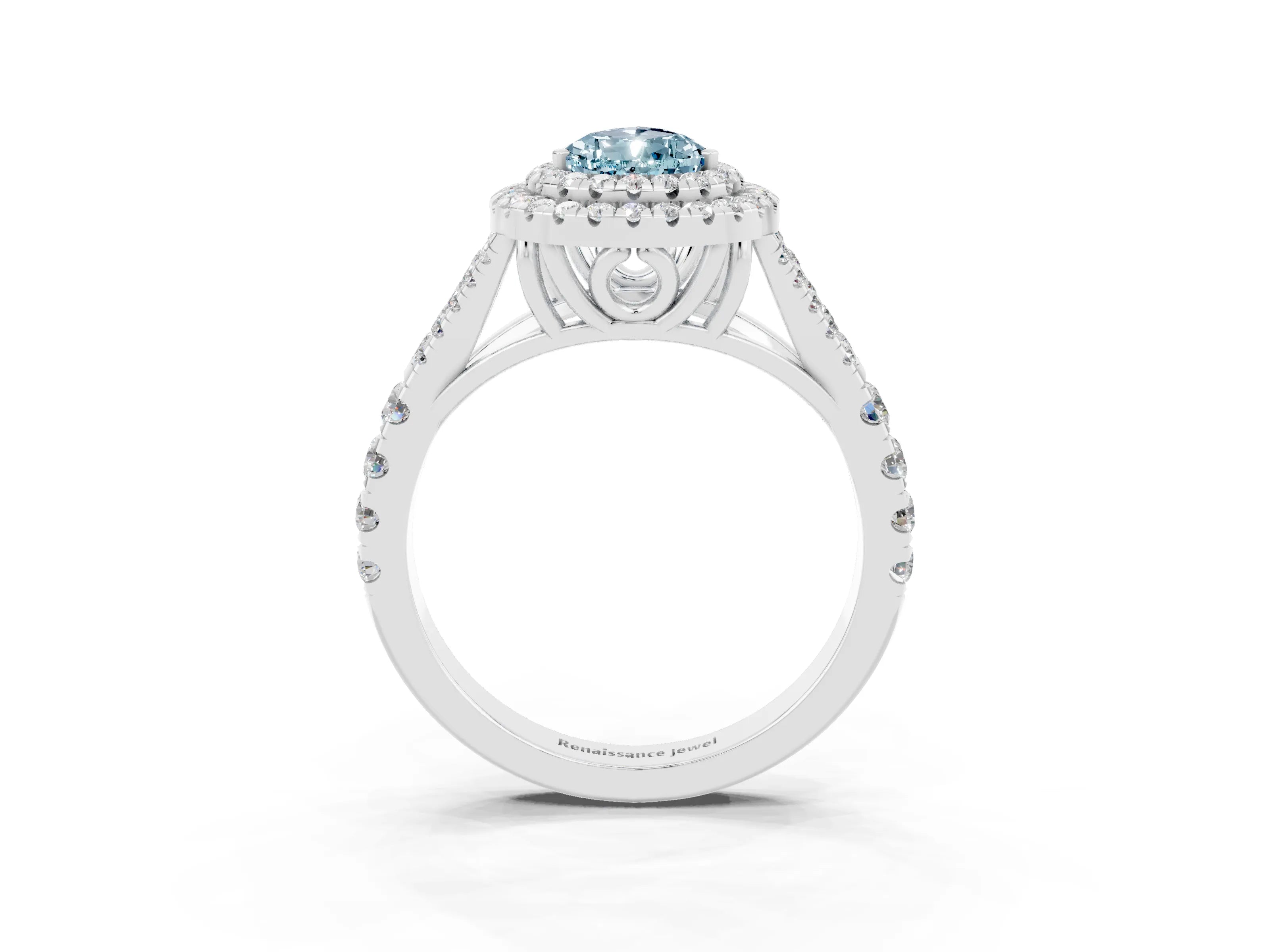 White gold Double Halo Pear Cut Aquamarine Pavé Split Shank Ring with Prong Setting_3