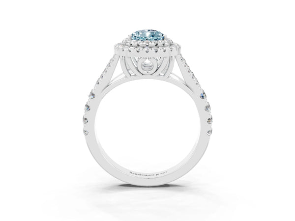 White gold Double Halo Pear Cut Aquamarine Pavé Split Shank Ring with Prong Setting