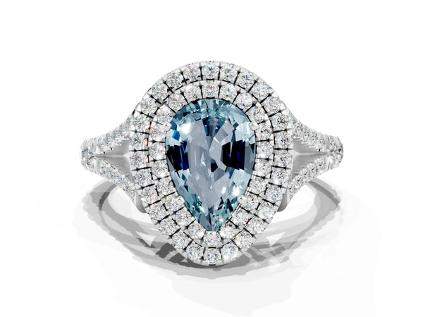 White gold Double Halo Pear Cut Aquamarine Pavé Split Shank Ring with Prong Setting