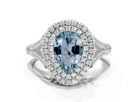White gold Double Halo Pear Cut Aquamarine Pavé Split Shank Ring with Prong Setting