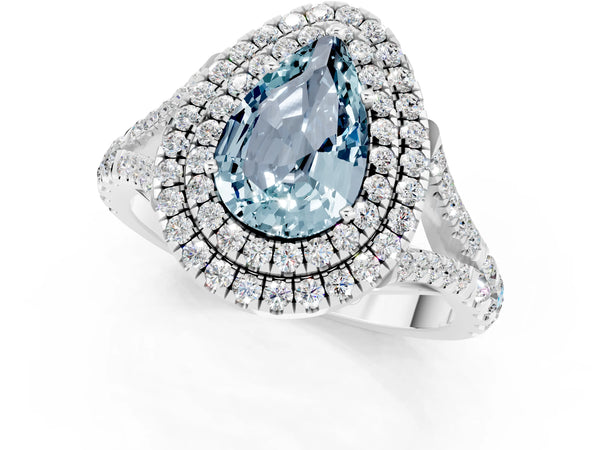 Platinum Double Halo Pear Cut Aquamarine Split Shank Engagement Ring with Four-Prong Setting