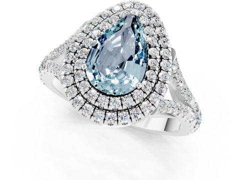 White gold Double Halo Pear Cut Aquamarine Split Shank Engagement Ring with Four-Prong Setting_1
