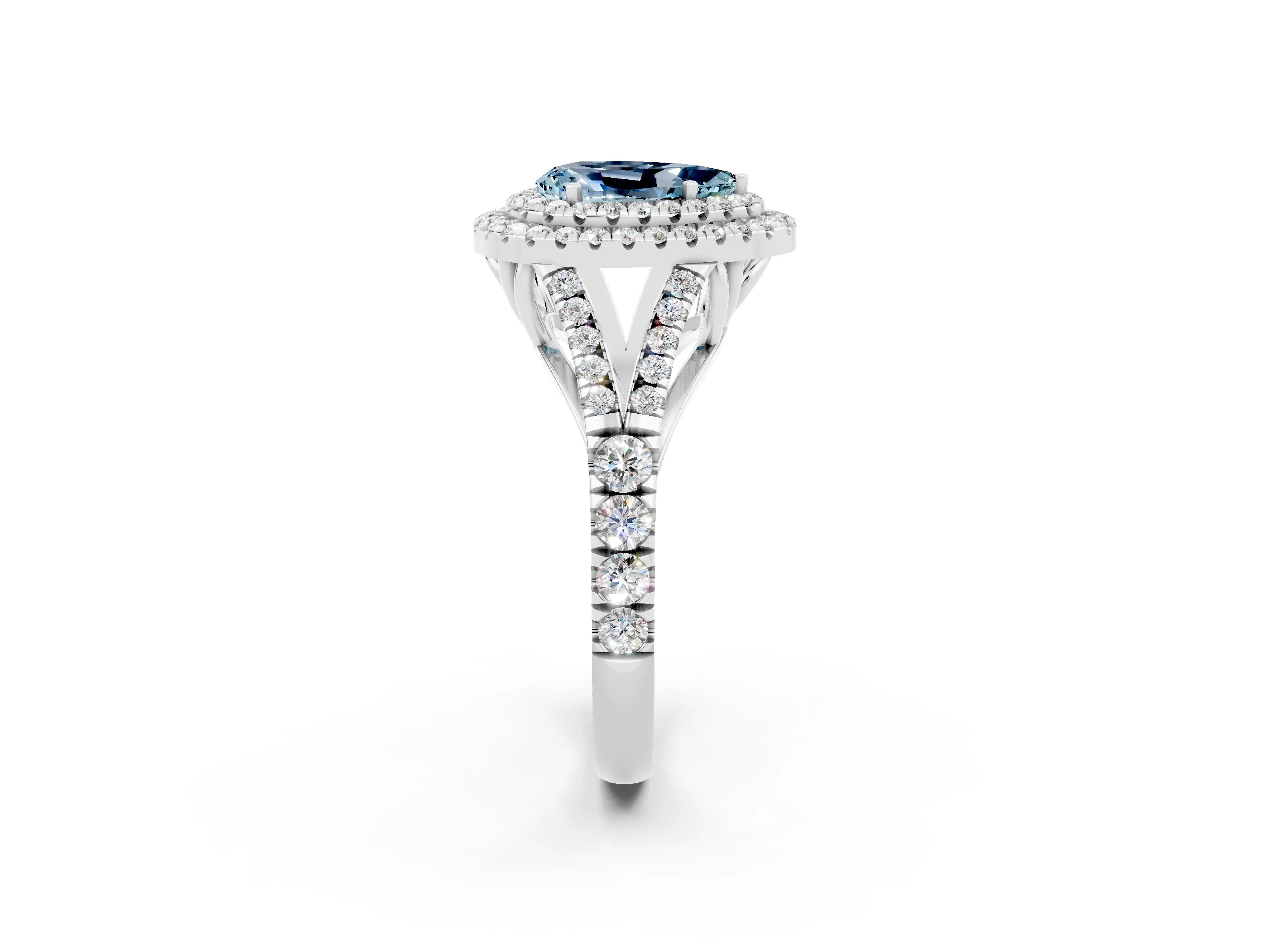 White gold Double Halo Pear Cut Aquamarine Split Shank Engagement Ring with Four-Prong Setting_2