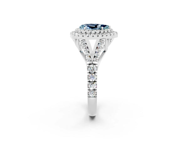 White gold Double Halo Pear Cut Aquamarine Split Shank Engagement Ring with Four-Prong Setting