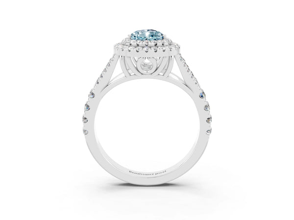 Platinum Double Halo Pear Cut Aquamarine Split Shank Engagement Ring with Four-Prong Setting