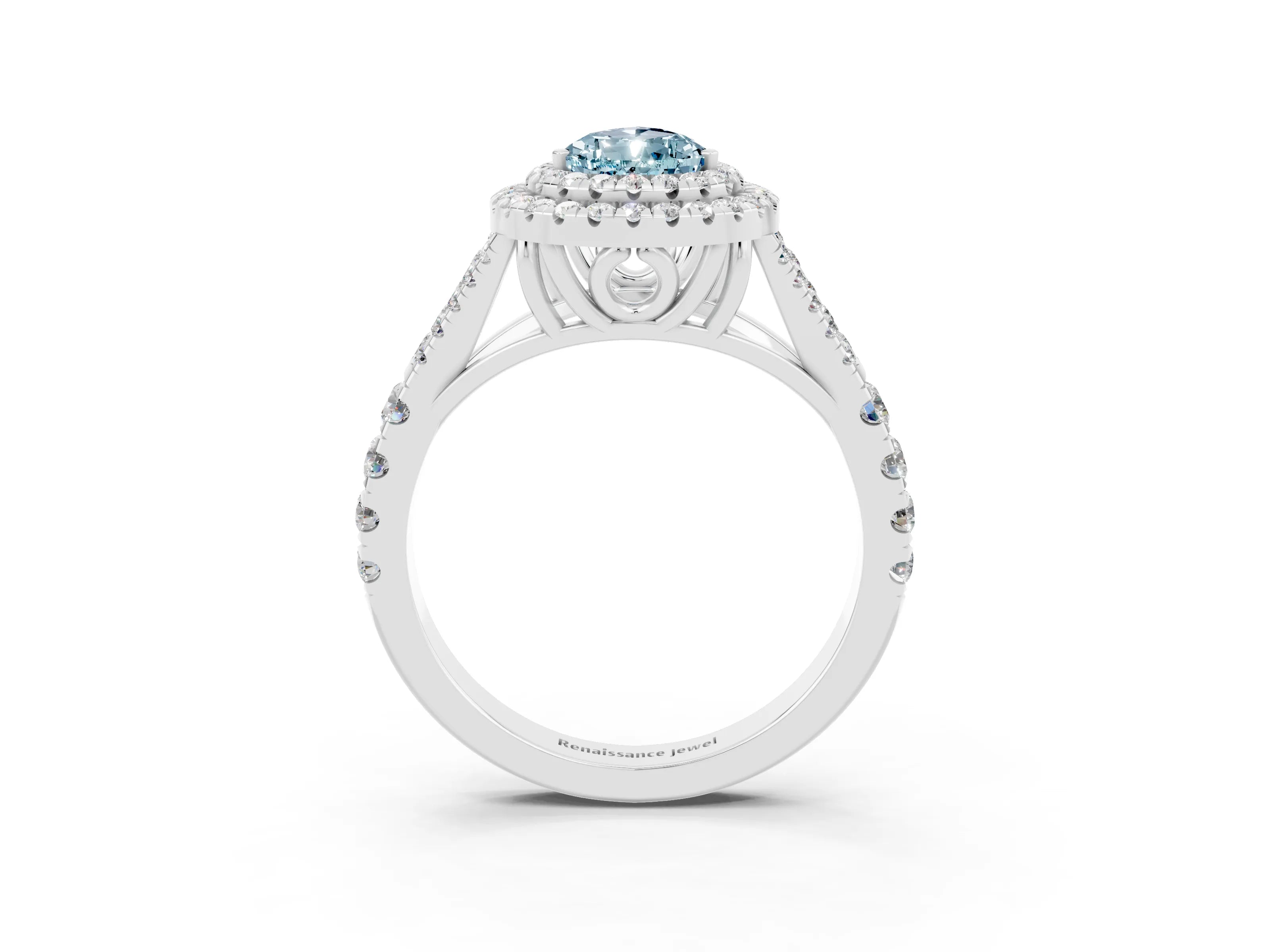 White gold Double Halo Pear Cut Aquamarine Split Shank Engagement Ring with Four-Prong Setting_3