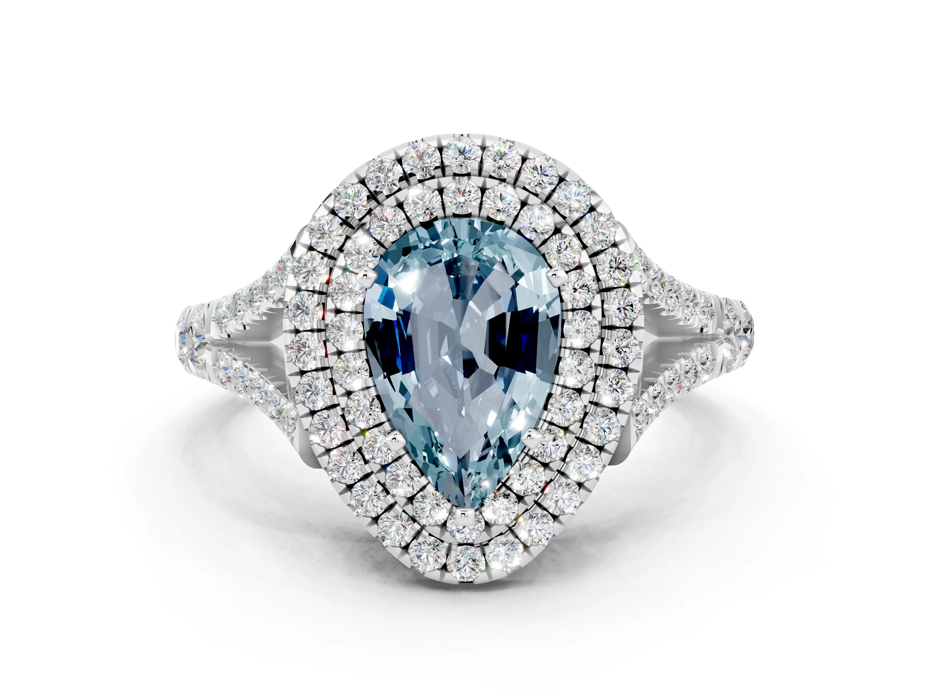 White gold Double Halo Pear Cut Aquamarine Split Shank Engagement Ring with Four-Prong Setting