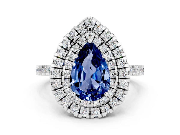 Platinum Double Halo Pear Cut Blue Sapphire Pavé Band with Four-Prong Setting