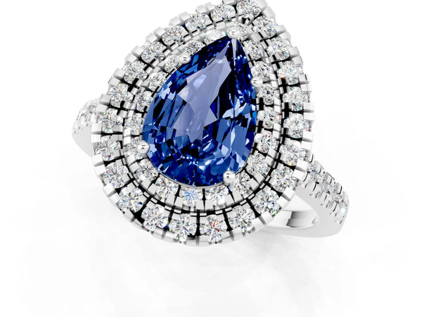 Platinum Double Halo Pear Cut Blue Sapphire Pavé Band with Four-Prong Setting