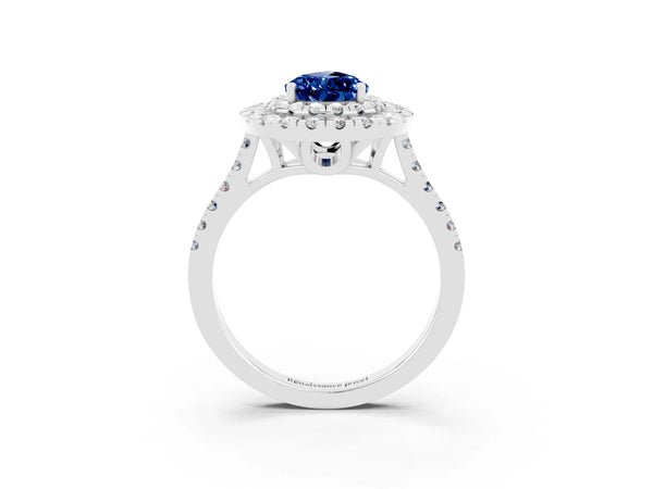 Silver Double Halo Pear Cut Blue Sapphire Pavé Band with Four-Prong Setting