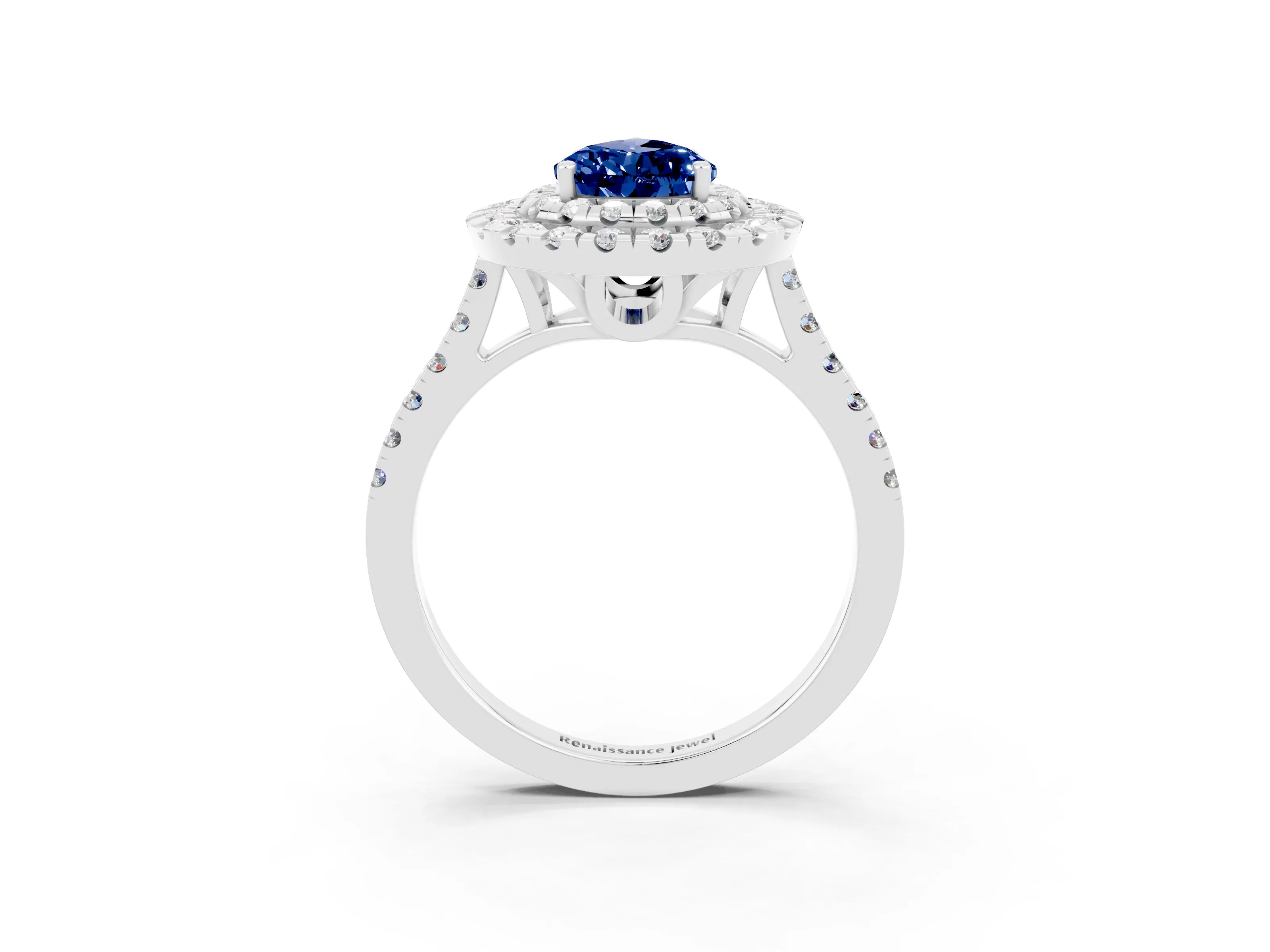 White gold Double Halo Pear Cut Blue Sapphire Pavé Band with Four-Prong Setting_3