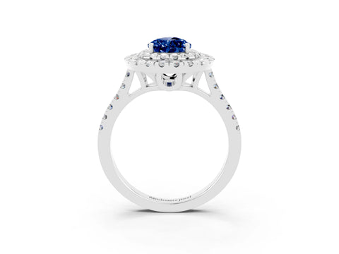 White gold Double Halo Pear Cut Blue Sapphire Pavé Band with Four-Prong Setting_3