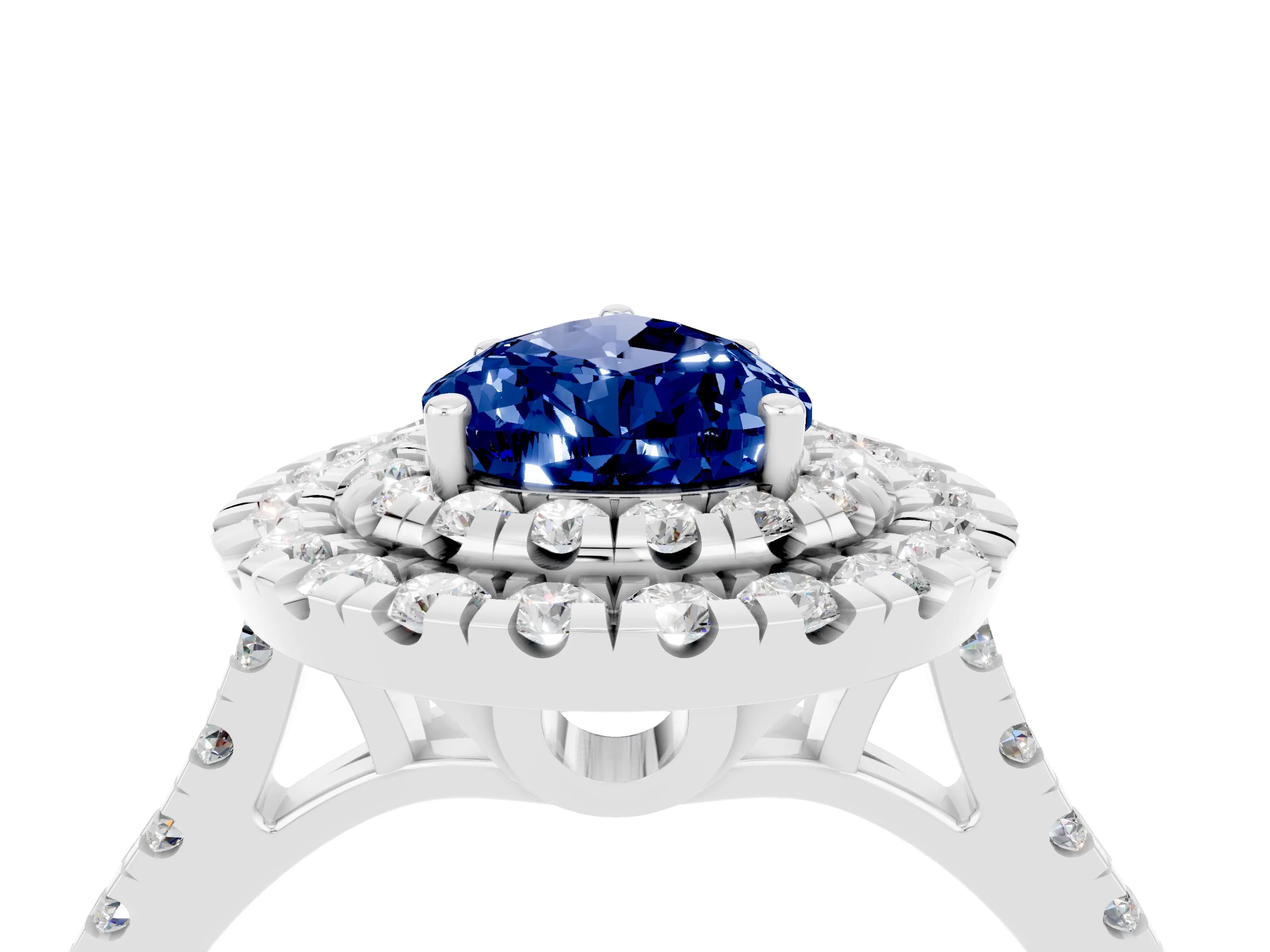 White gold Double Halo Pear Cut Blue Sapphire Pavé Band with Four-Prong Setting_4
