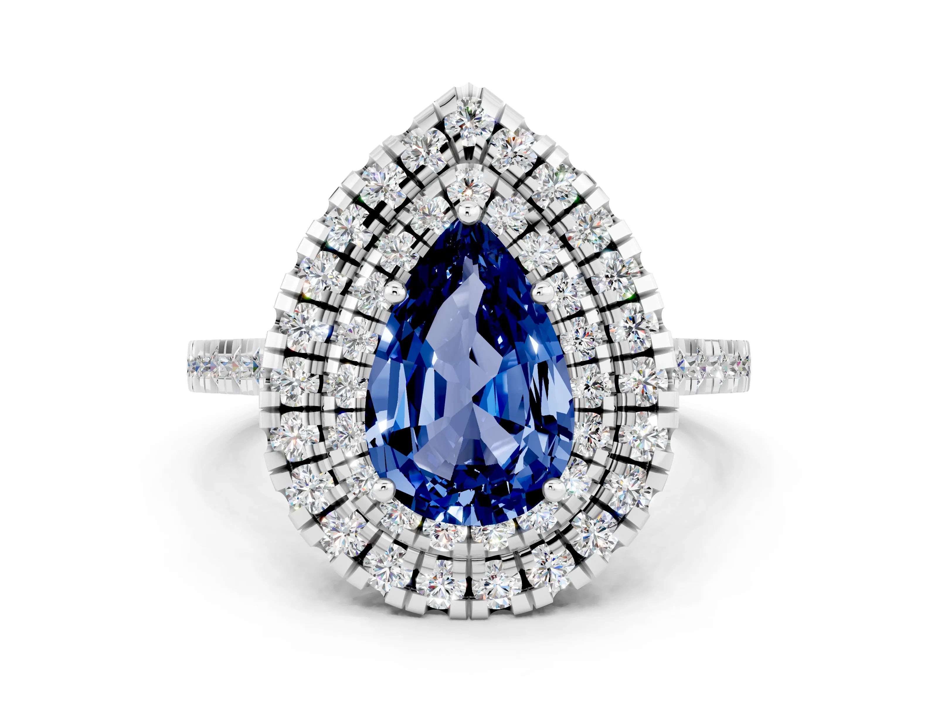 White gold Double Halo Pear Cut Blue Sapphire Pavé Band with Four-Prong Setting