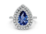 White gold Double Halo Pear Cut Blue Sapphire Pavé Band with Four-Prong Setting