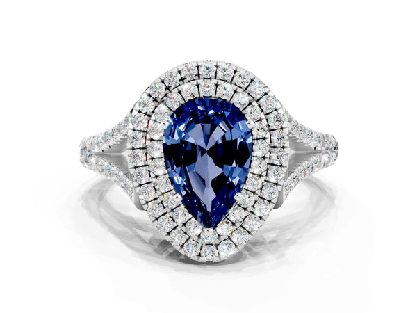 Platinum Double Halo Pear Cut Blue Sapphire Pavé Split Shank Ring with Prong Setting