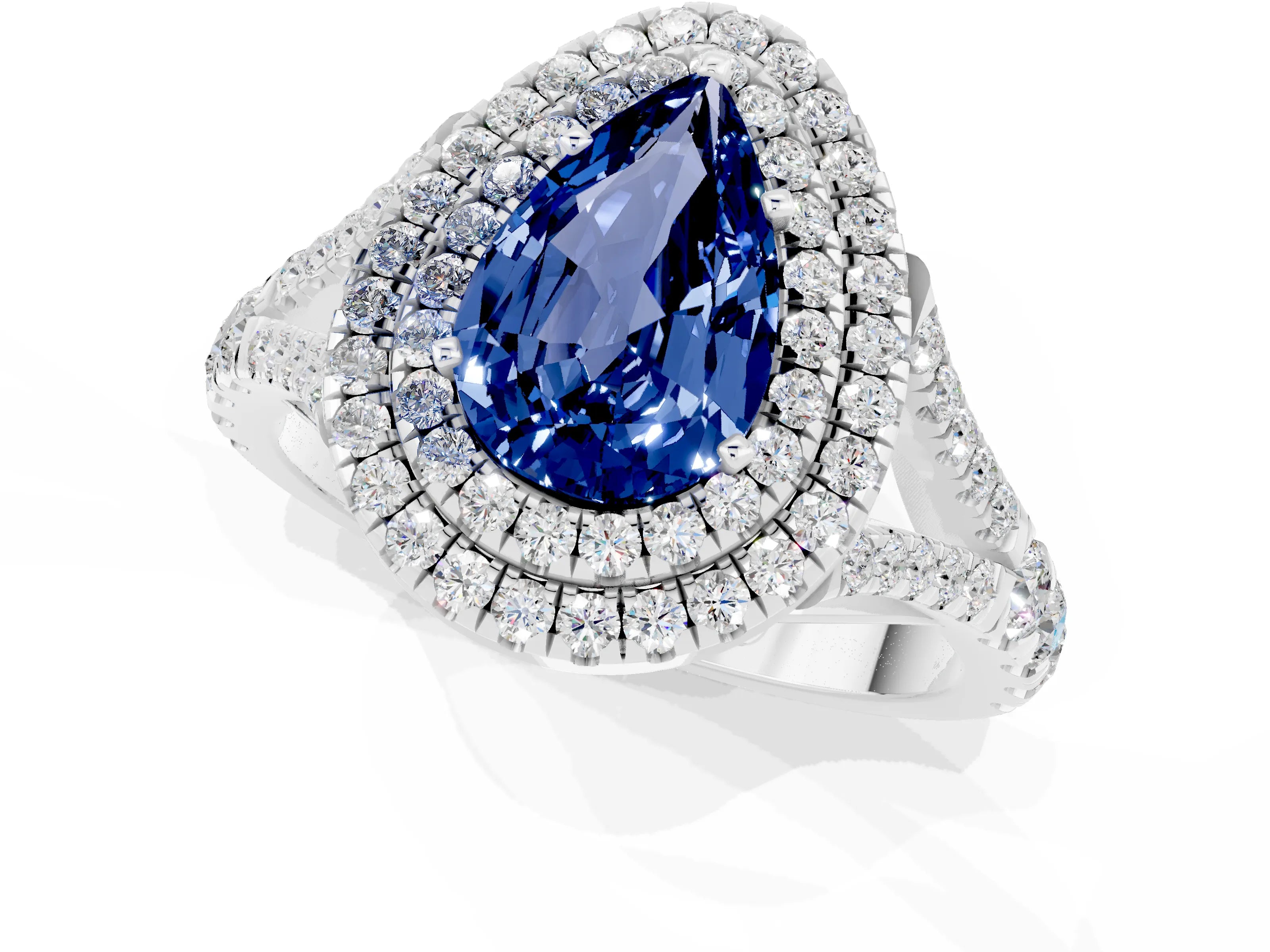 White gold Double Halo Pear Cut Blue Sapphire Pavé Split Shank Ring with Prong Setting_1