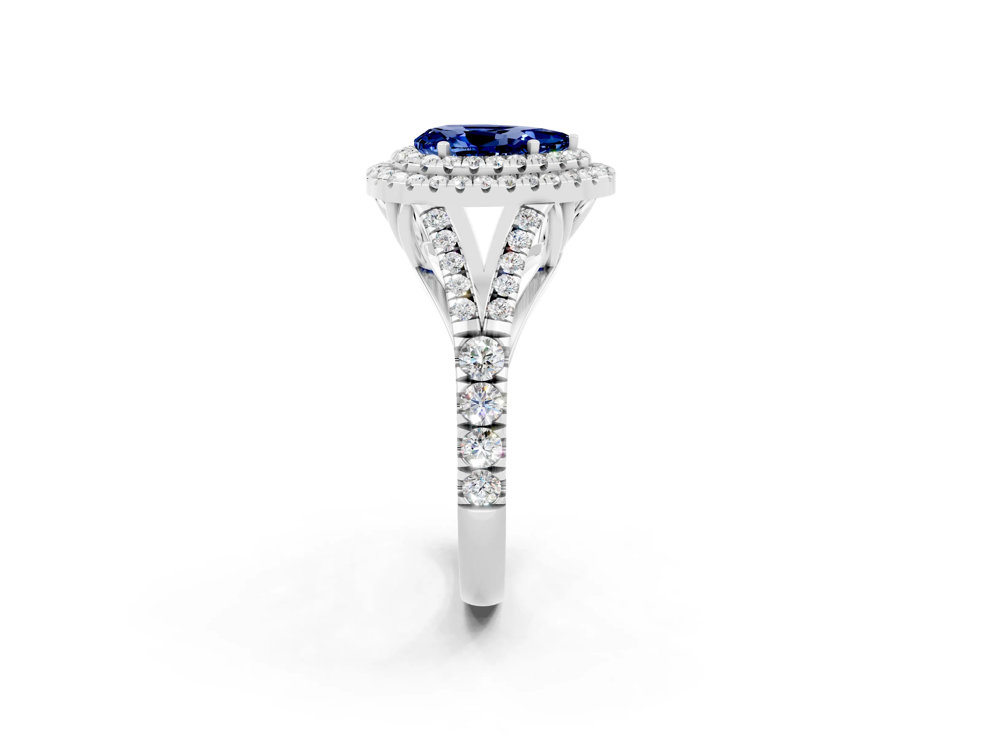 White gold Double Halo Pear Cut Blue Sapphire Pavé Split Shank Ring with Prong Setting_2