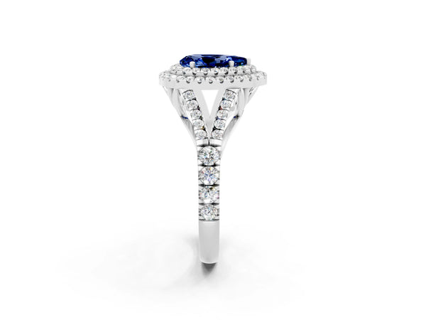 White gold Double Halo Pear Cut Blue Sapphire Pavé Split Shank Ring with Prong Setting