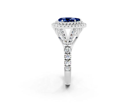 White gold Double Halo Pear Cut Blue Sapphire Pavé Split Shank Ring with Prong Setting_2