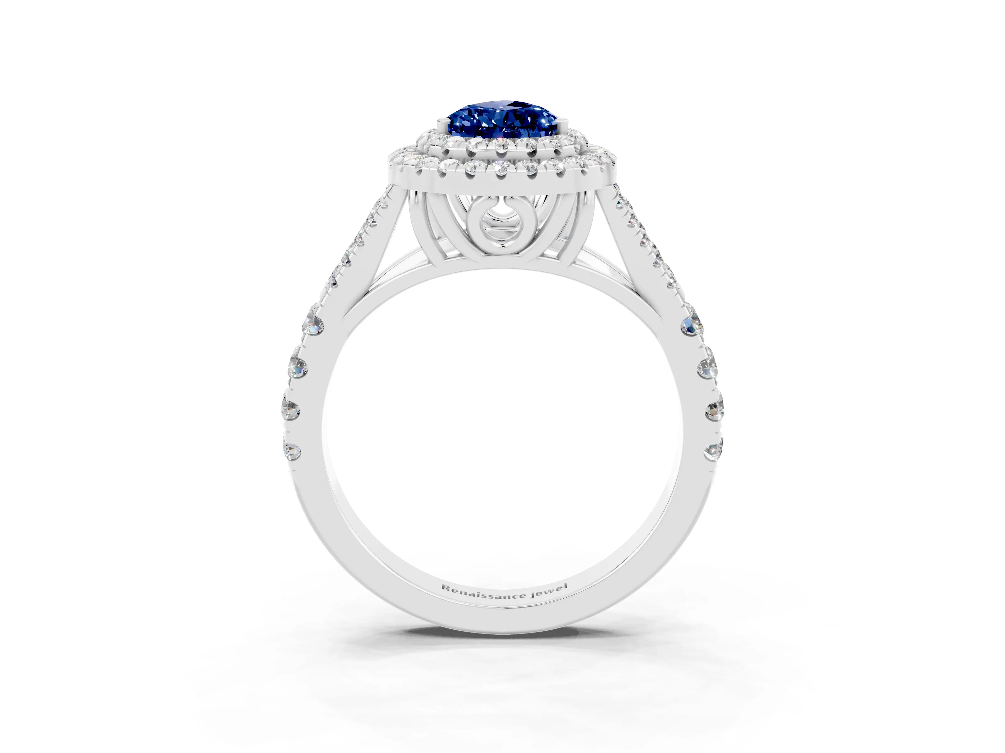 White gold Double Halo Pear Cut Blue Sapphire Pavé Split Shank Ring with Prong Setting_3