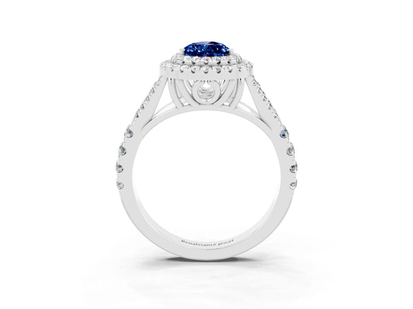 Platinum Double Halo Pear Cut Blue Sapphire Pavé Split Shank Ring with Prong Setting