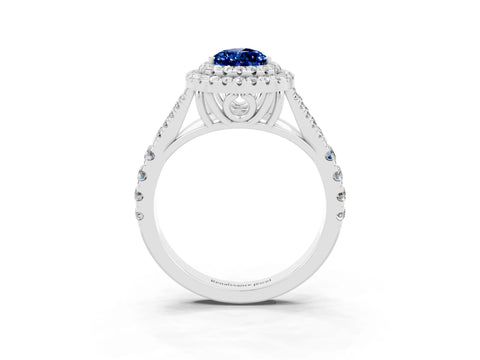 White gold Double Halo Pear Cut Blue Sapphire Pavé Split Shank Ring with Prong Setting_3