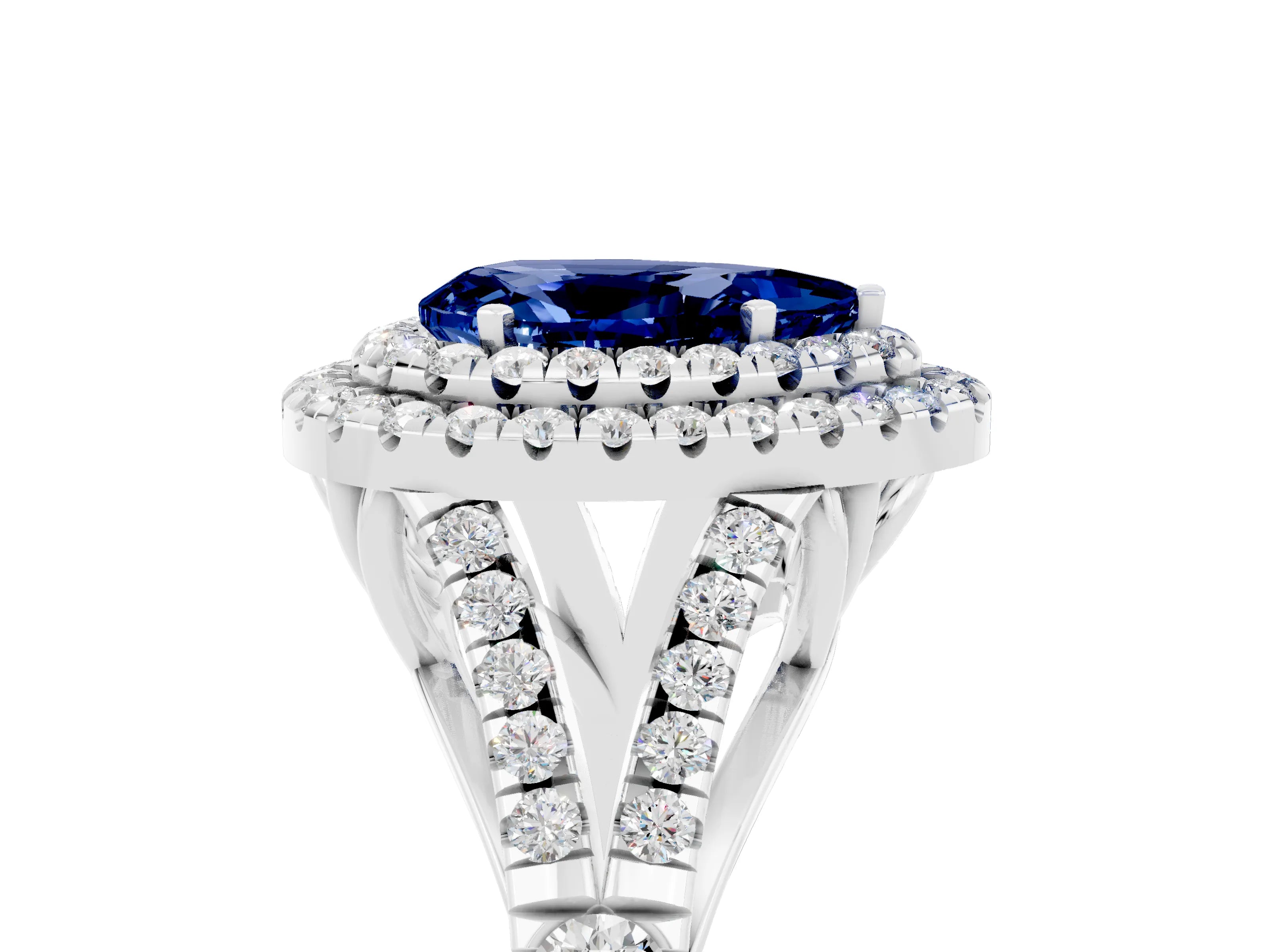 White gold Double Halo Pear Cut Blue Sapphire Pavé Split Shank Ring with Prong Setting_5
