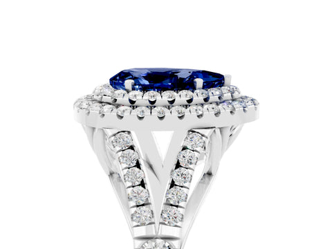 White gold Double Halo Pear Cut Blue Sapphire Pavé Split Shank Ring with Prong Setting_5