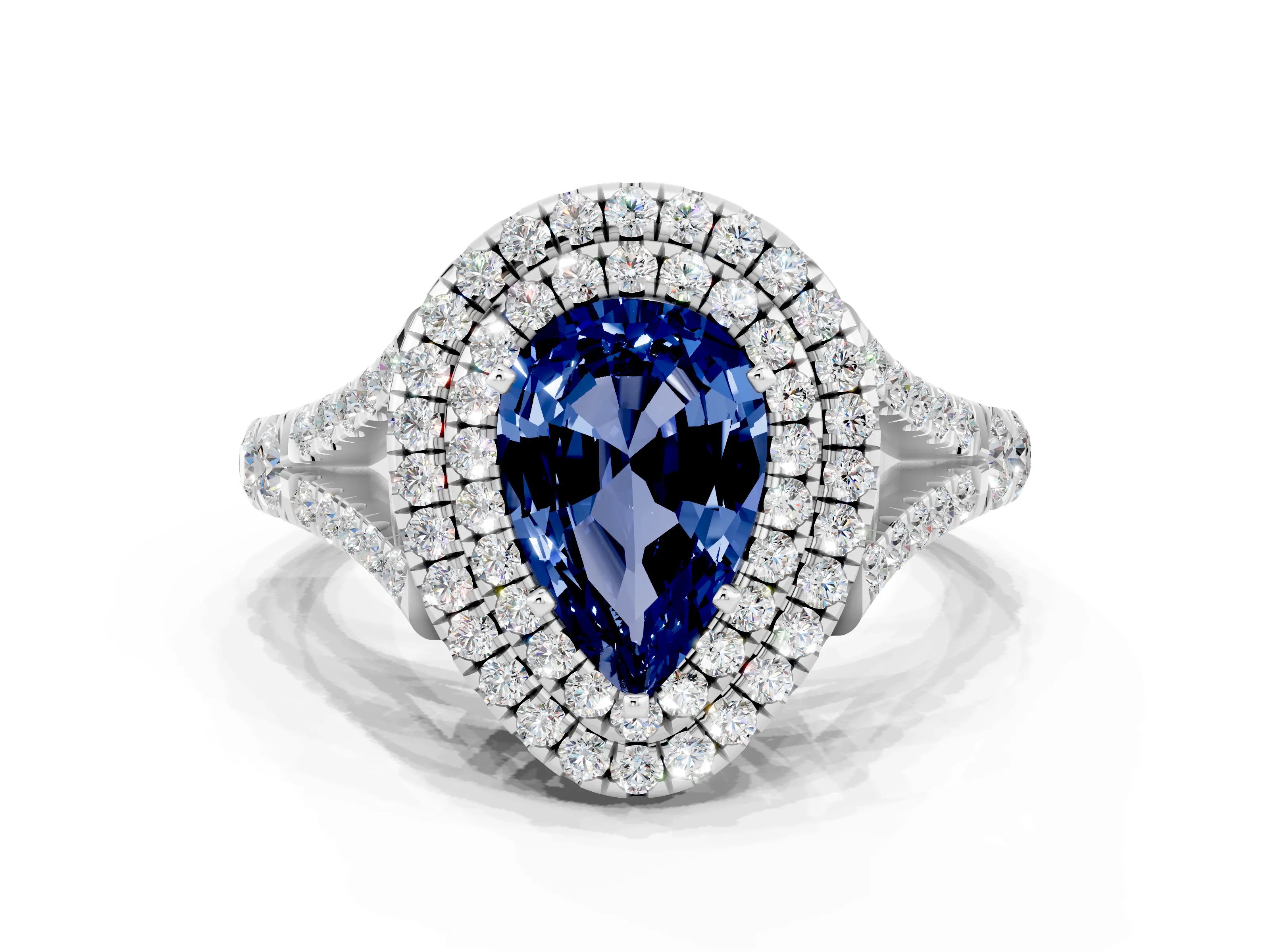 White gold Double Halo Pear Cut Blue Sapphire Pavé Split Shank Ring with Prong Setting