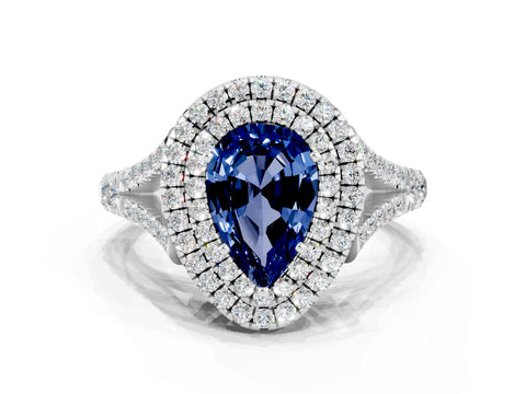 White gold Double Halo Pear Cut Blue Sapphire Pavé Split Shank Ring with Prong Setting