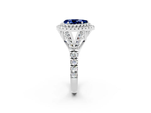 White gold Double Halo Pear Cut Blue Sapphire Split Shank Engagement Ring with Four-Prong Setting_2