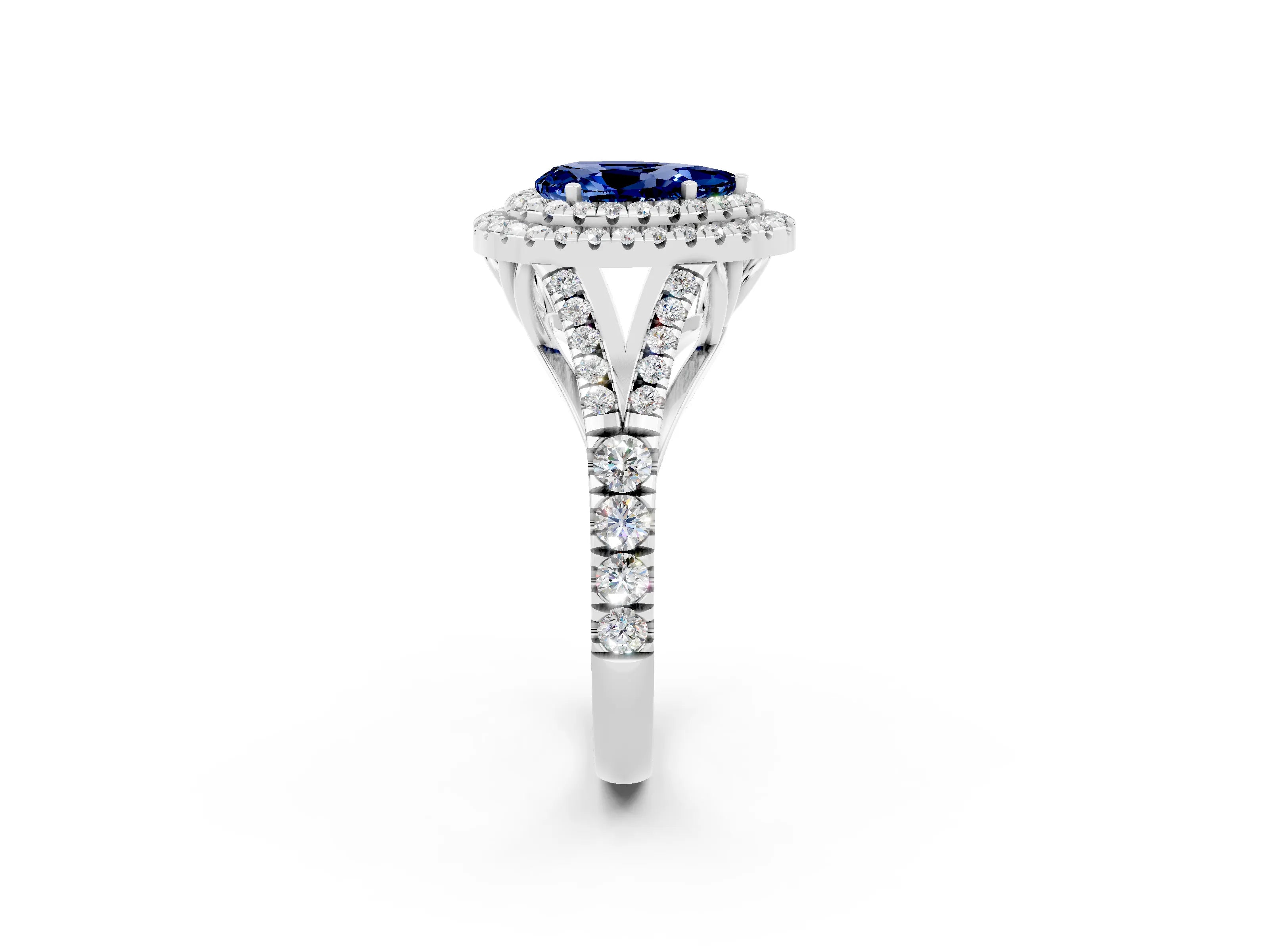 White gold Double Halo Pear Cut Blue Sapphire Split Shank Engagement Ring with Four-Prong Setting_2
