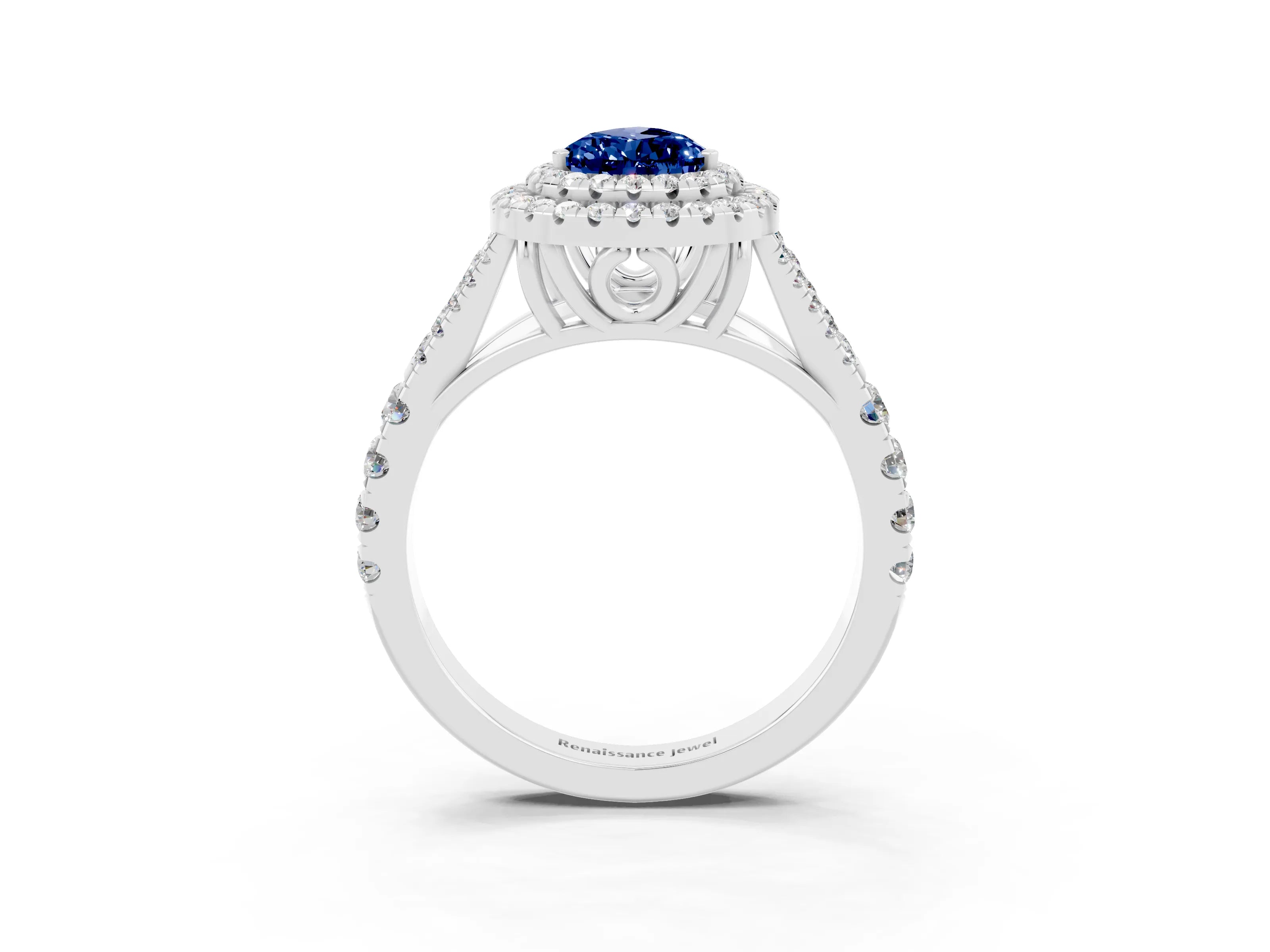 White gold Double Halo Pear Cut Blue Sapphire Split Shank Engagement Ring with Four-Prong Setting_3