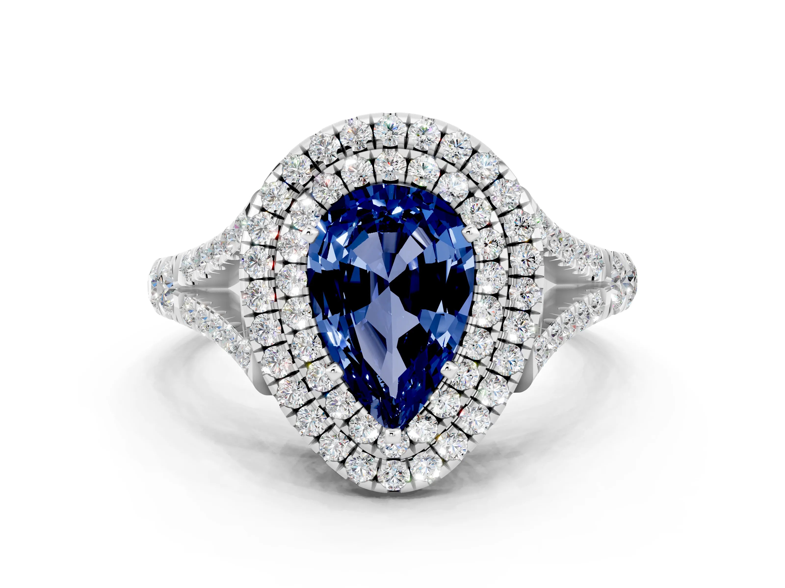 White gold Double Halo Pear Cut Blue Sapphire Split Shank Engagement Ring with Four-Prong Setting