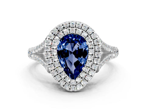 White gold Double Halo Pear Cut Blue Sapphire Split Shank Engagement Ring with Four-Prong Setting