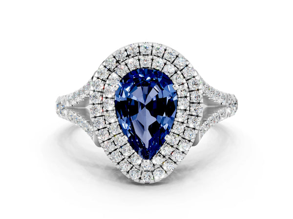 Silver Double Halo Pear Cut Blue Sapphire Split Shank Engagement Ring with Four-Prong Setting