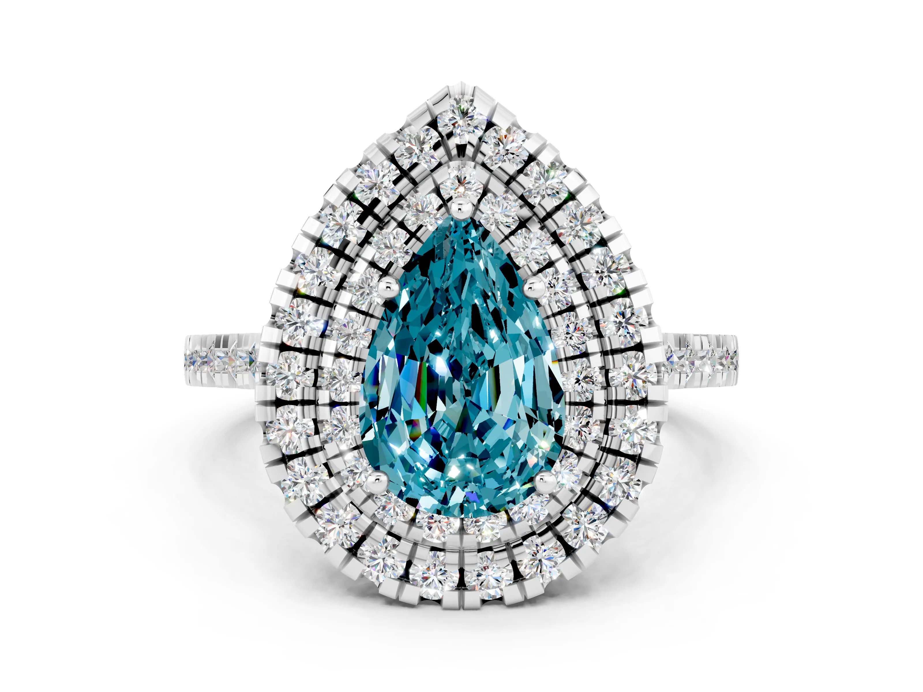 White gold Double Halo Pear Cut Blue Topaz Pavé Band with Four-Prong Setting