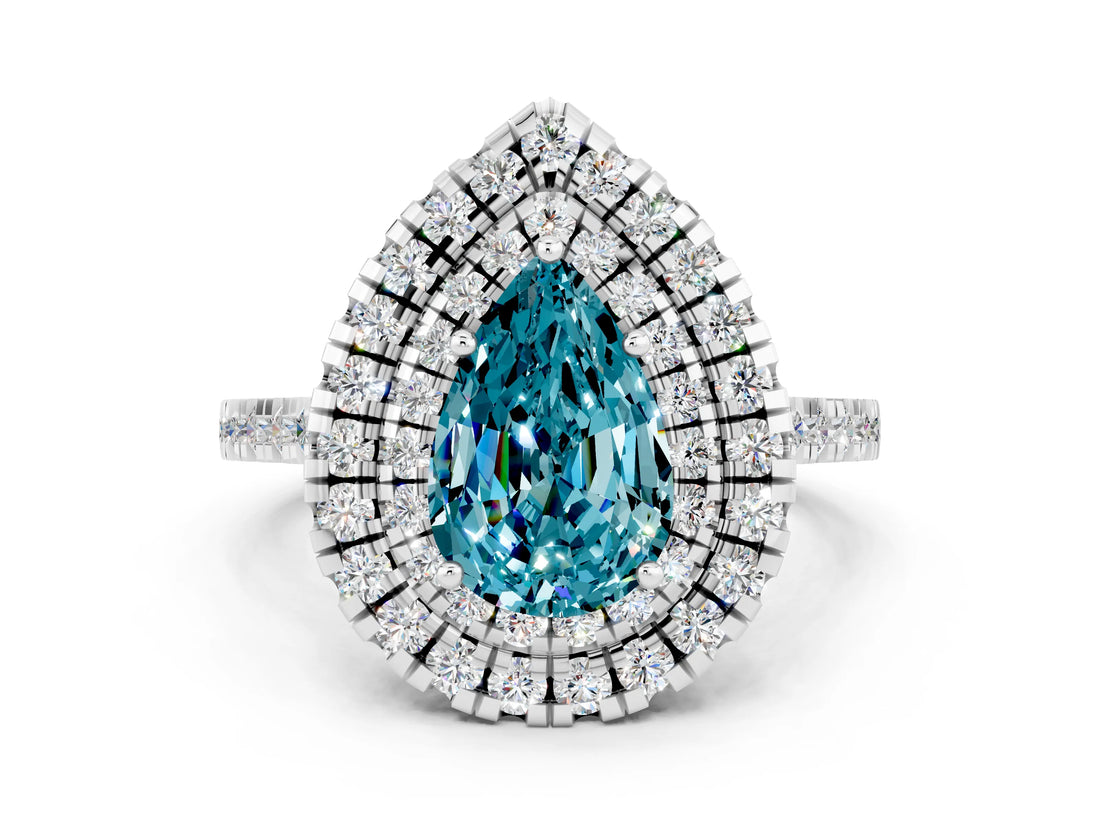 White gold Double Halo Pear Cut Blue Topaz Pavé Band with Four-Prong Setting