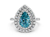 White gold Double Halo Pear Cut Blue Topaz Pavé Band with Four-Prong Setting